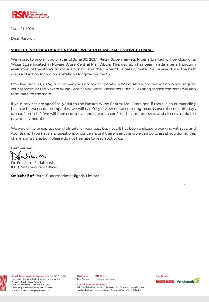 Shoprite shuts down operations in Abuja