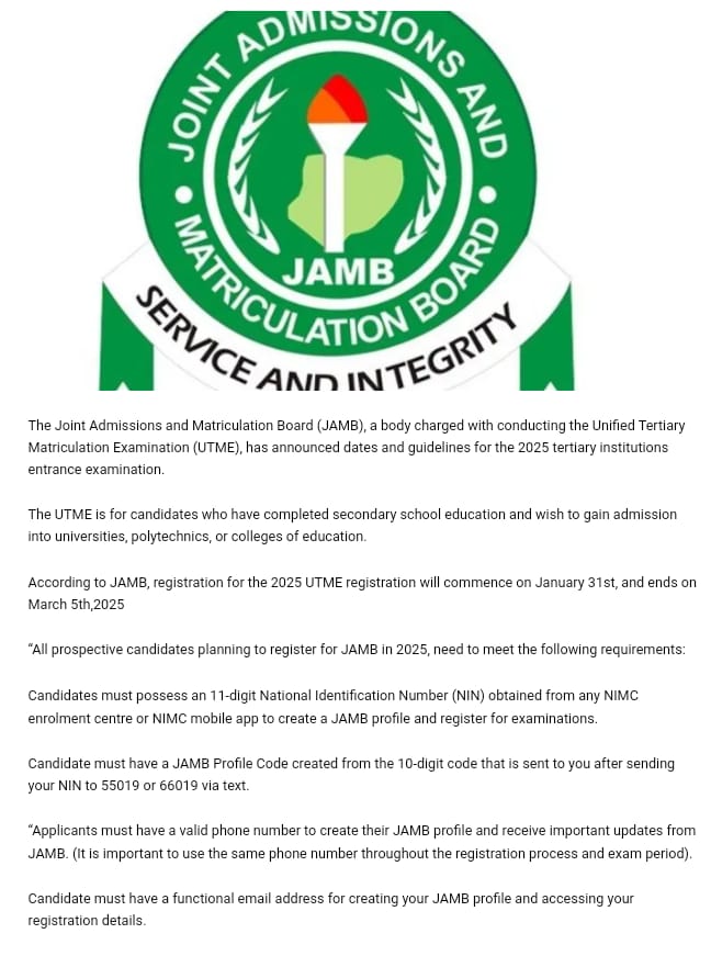 JAMB Officially Announces New Date, New Guidelines For 2025 Exam